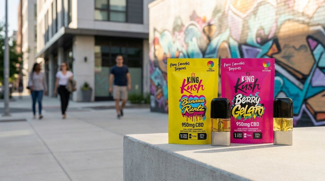 King Kush Banana Runtz and Berry Gelato pouches with their pods on a concrete ledge by a graffiti wall, people walking past on the sidewalk