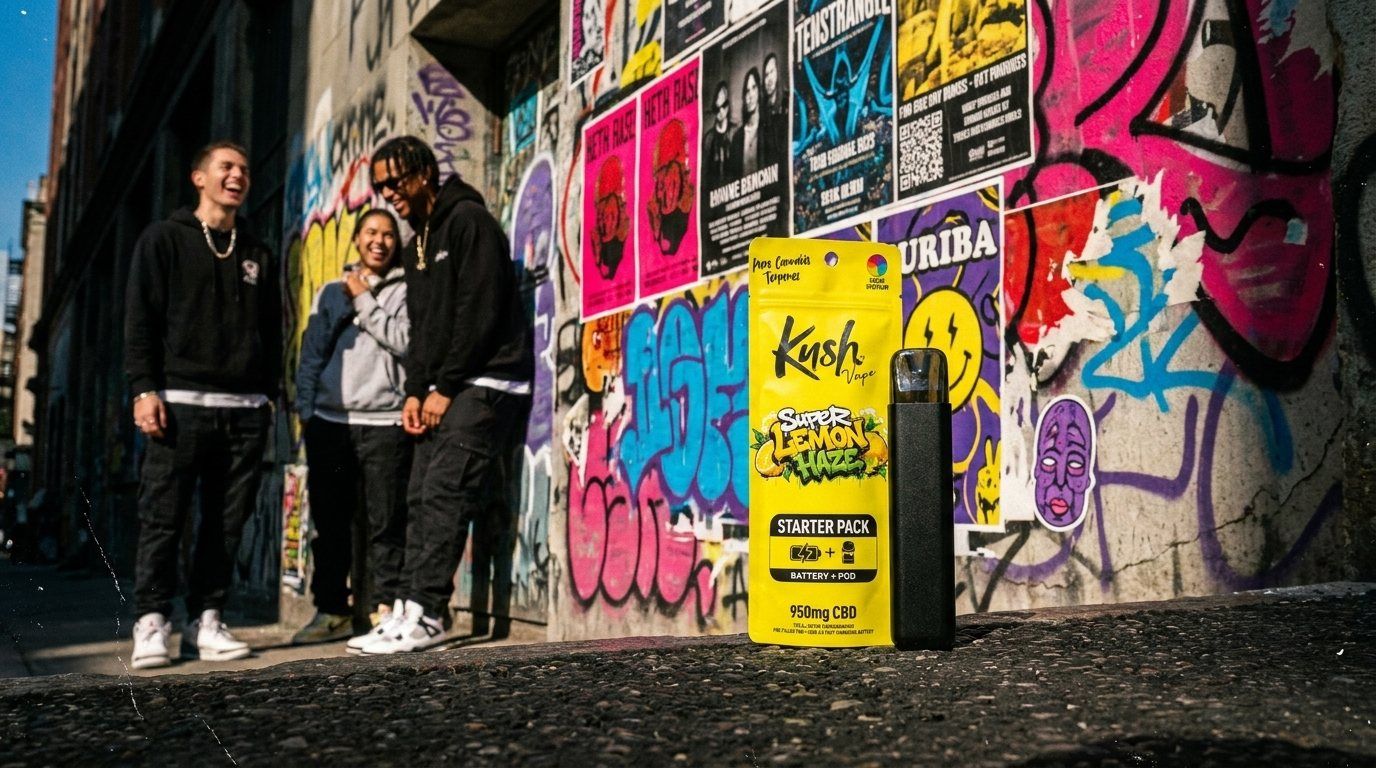 Three friends laughing at a poster wall, a Kush Super Lemon Haze Starter Pack in front of them