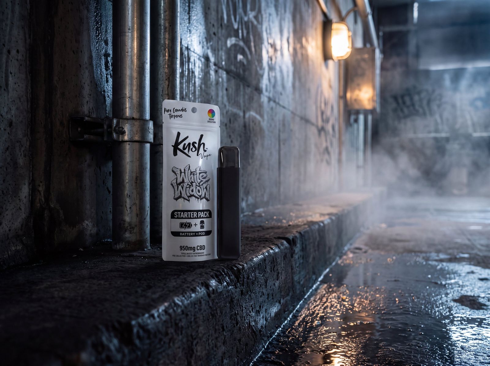 Kush White Widow Starter Pack and the battery on a wet ledge in a foggy alley