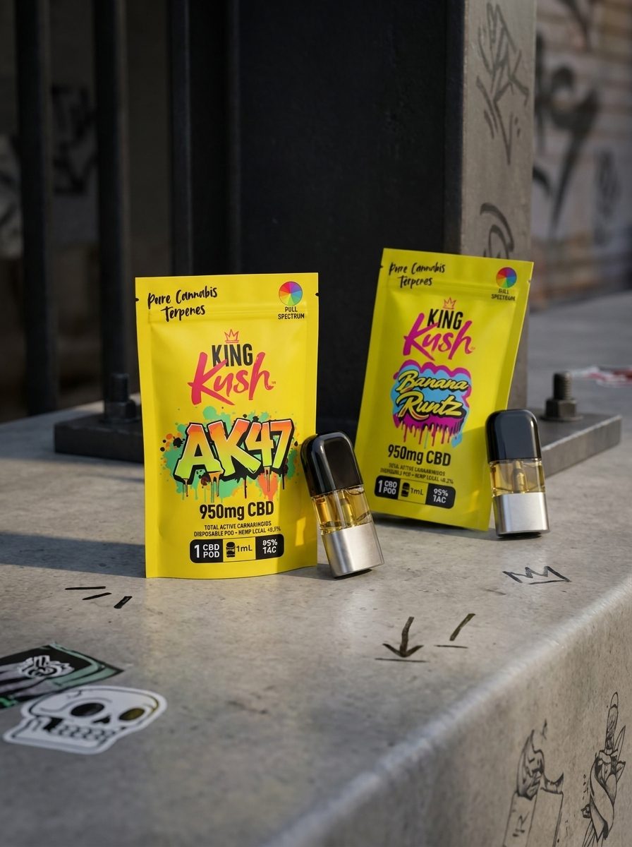 King Kush hemp pods: AK 47 and Banana Runtz pouches with pods