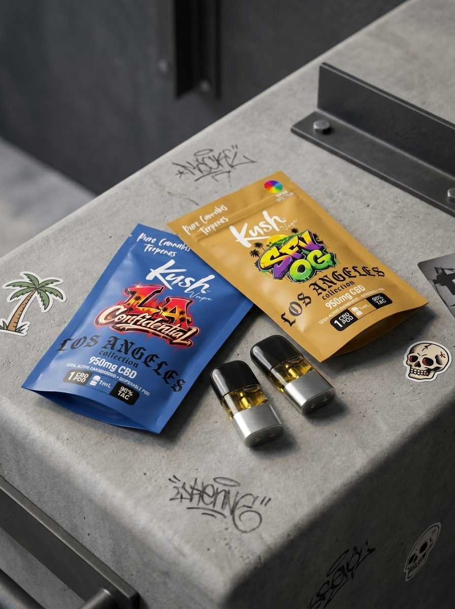 Kush CBD pods: LA Confidential and SFV OG pouches with pods